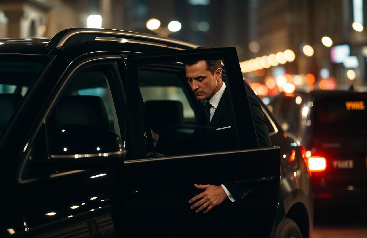 Conductor profesional VTC en España abriendo la puerta de un vehículo de lujo