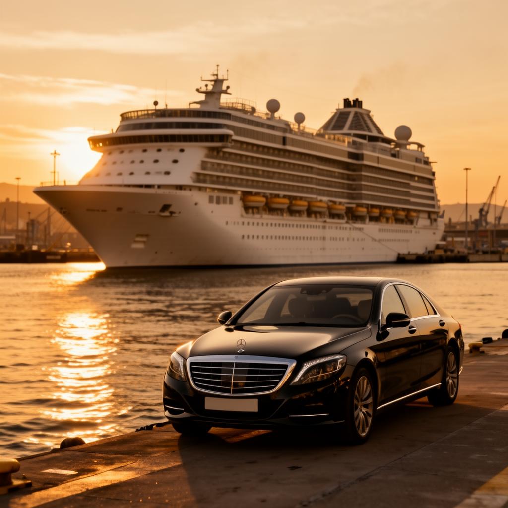 VTC esperando en el Puerto de Barcelona junto a un crucero al atardecer