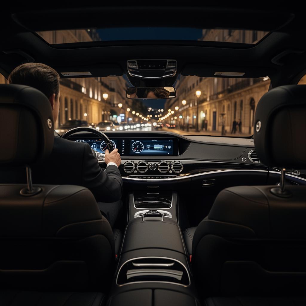 Interior premium de un VTC con chófer profesional al volante en una ciudad europea de noche