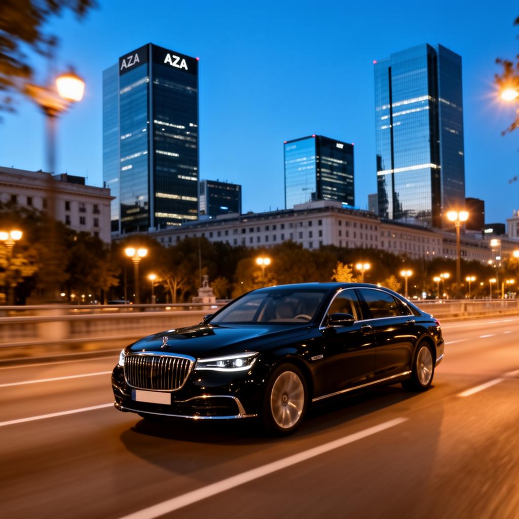 VTC ejecutivo circulando por el Paseo de la Castellana junto a las Cuatro Torres de Madrid