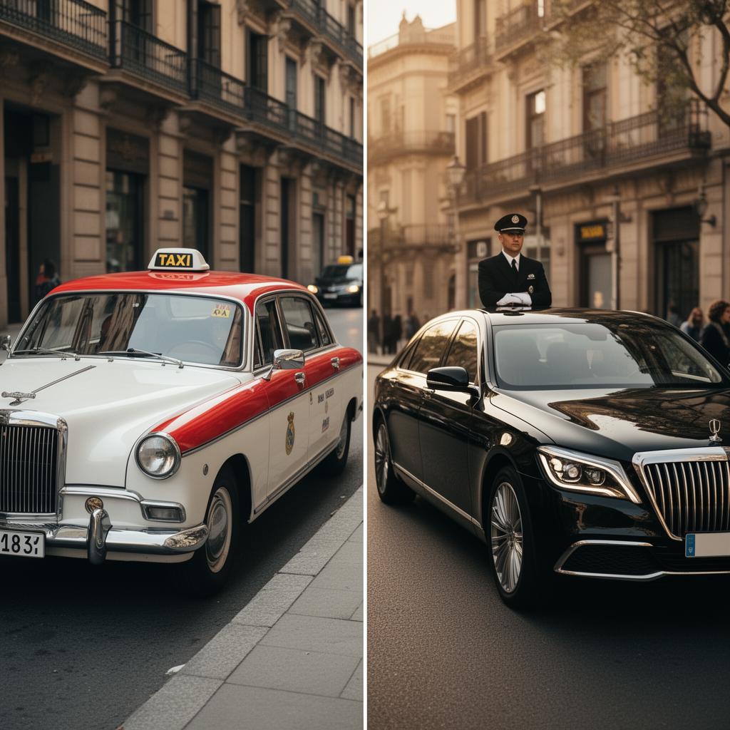 Comparativa visual entre taxi y VTC en una calle española — diferencias entre transporte público y privado