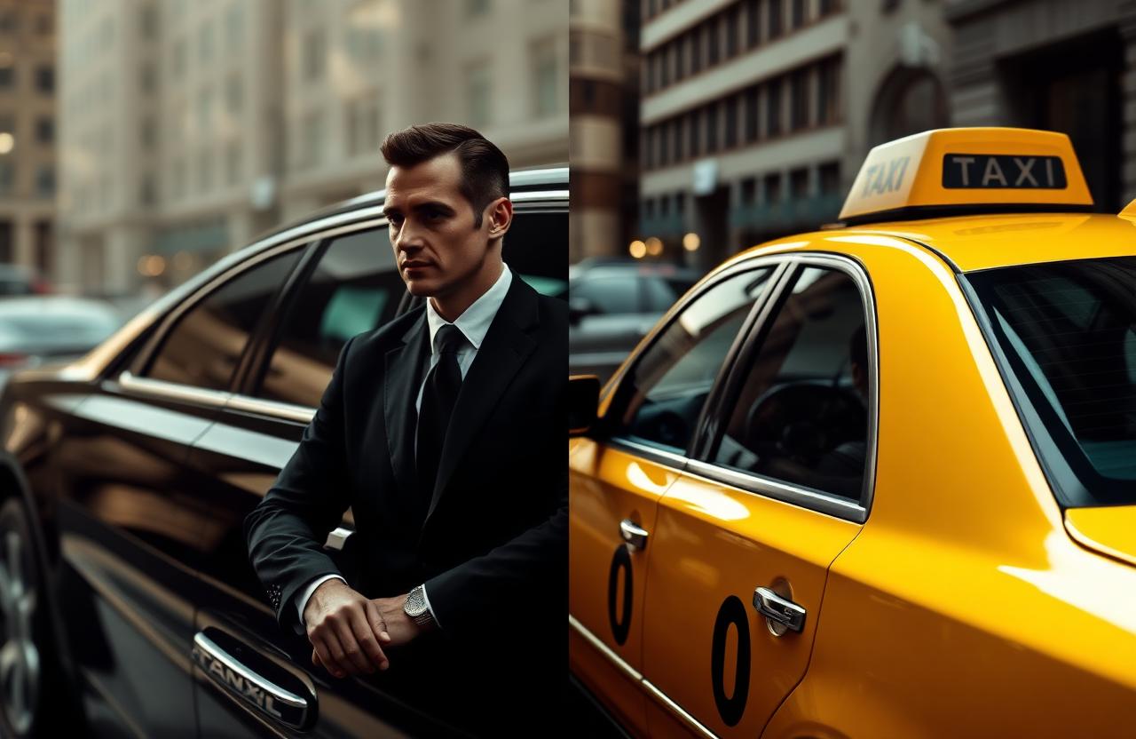 Comparativa visual entre un VTC negro premium y un taxi tradicional en una calle española